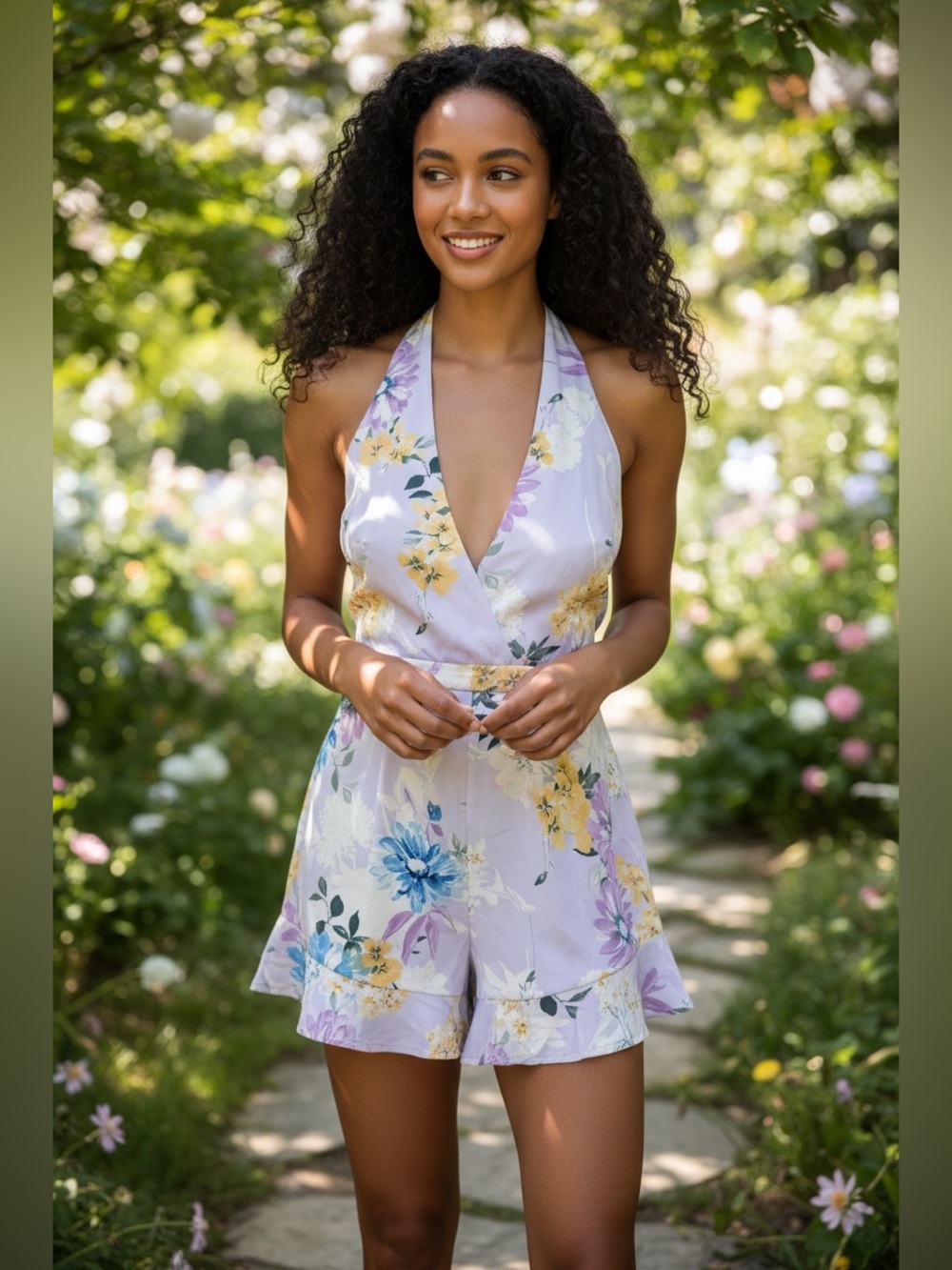 Haute Monde Lavender Floral Halter Romper